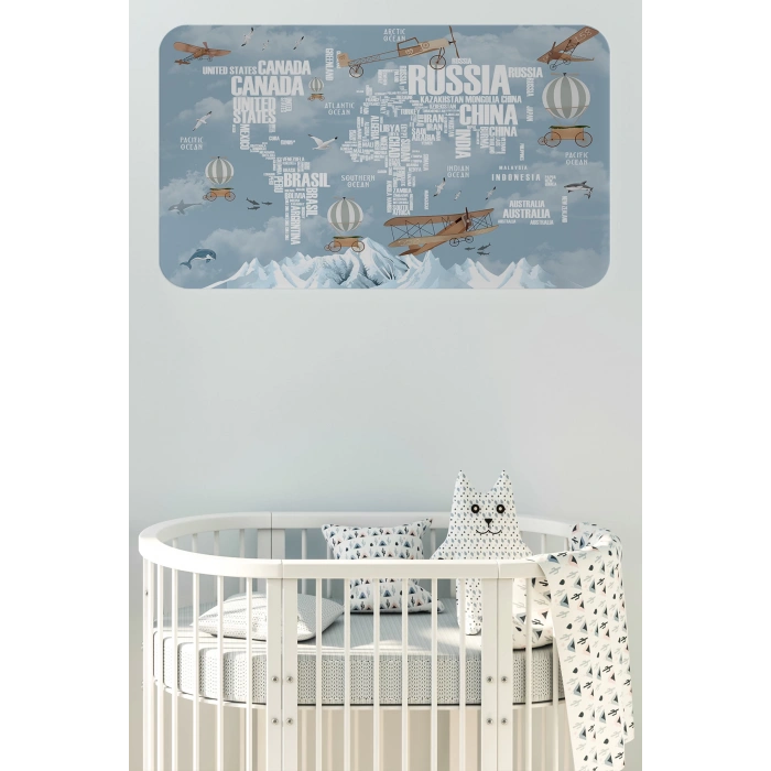 Ülke Adlı Eğitici Dünya Haritası Dünya Atlası Çocuk ve Bebek Odası Duvar Sticker -60x105-3822