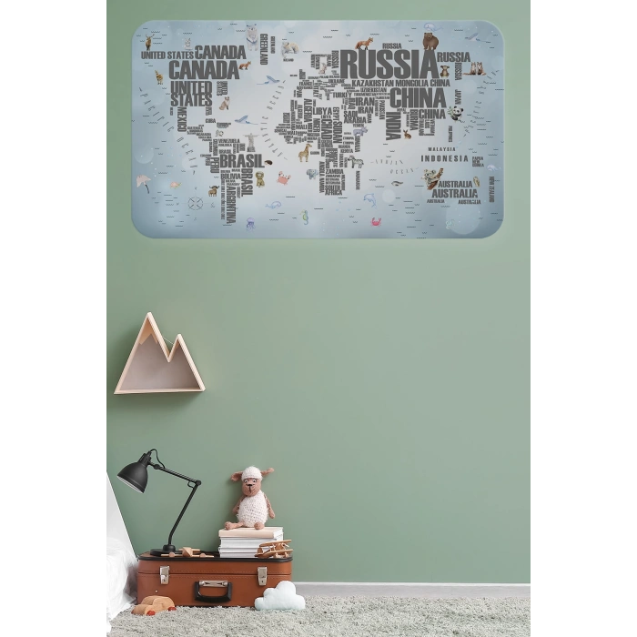 Ülke Adlı Eğitici Dünya Haritası Dünya Atlası Çocuk ve Bebek Odası Duvar Sticker -60x105-3823