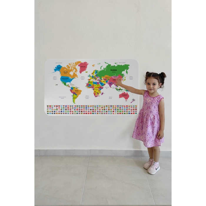 Ülke Bayrak lı Eğitici Başkent Detaylı Atlası Dünya Haritası Duvar Sticker -60x105-3833