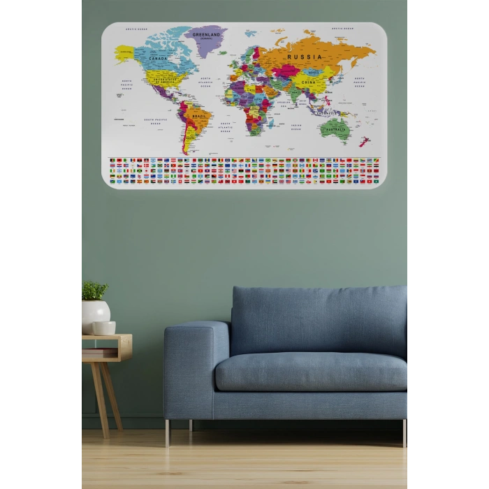 Ülke Bayrak lı Eğitici Başkent Detaylı Atlası Dünya Haritası Duvar Sticker -60x105-3848