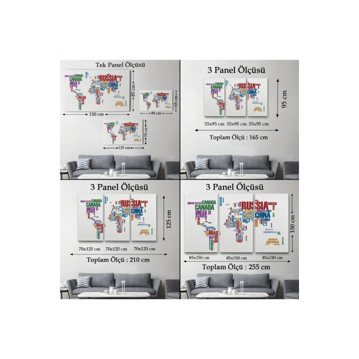 Ülke İsimli Dünya Haritası Kanvas Tablo 1006