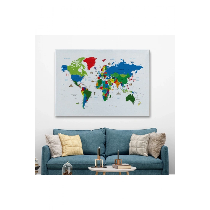 Ünlü Yerler Sembollü Kanvas Dünya Haritası 1002