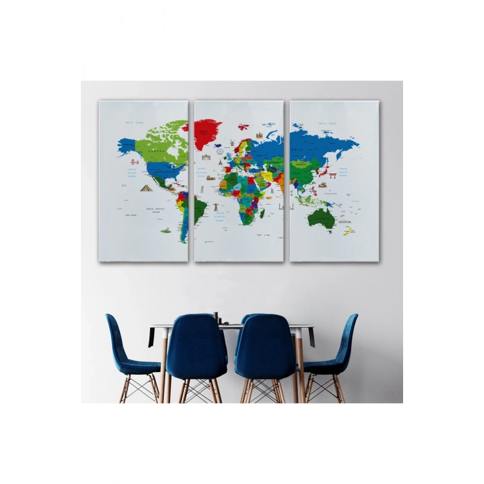 Ünlü Yerler Sembollü Kanvas Dünya Haritası 1002