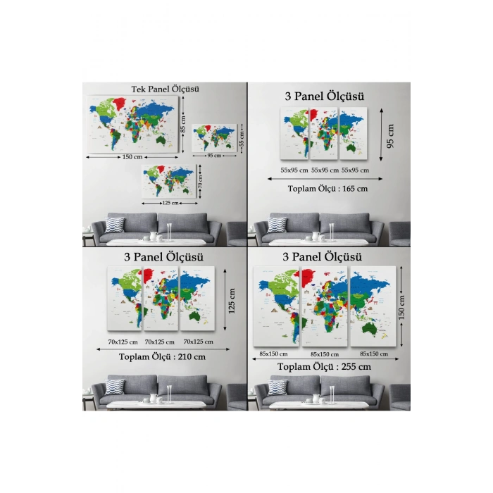 Ünlü Yerler Sembollü Kanvas Dünya Haritası 1002