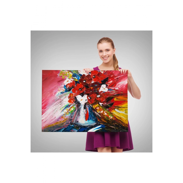 Vazo İçindeki Çiçekler Yağlıboya Görünüm DekoratiF Duvar Tablo-6520