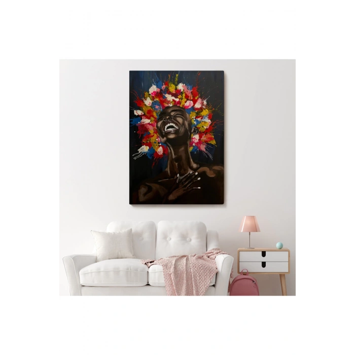 Yağlıboya Görünümlü Renkli Saçlı Gülen Siyahi Kadın Tablosu-6367