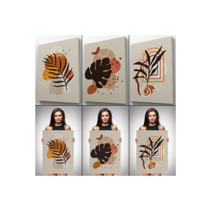 Yaprak Desenli Soyut Dekoratif Duvar Tablosu Üçlü Set-EH-107