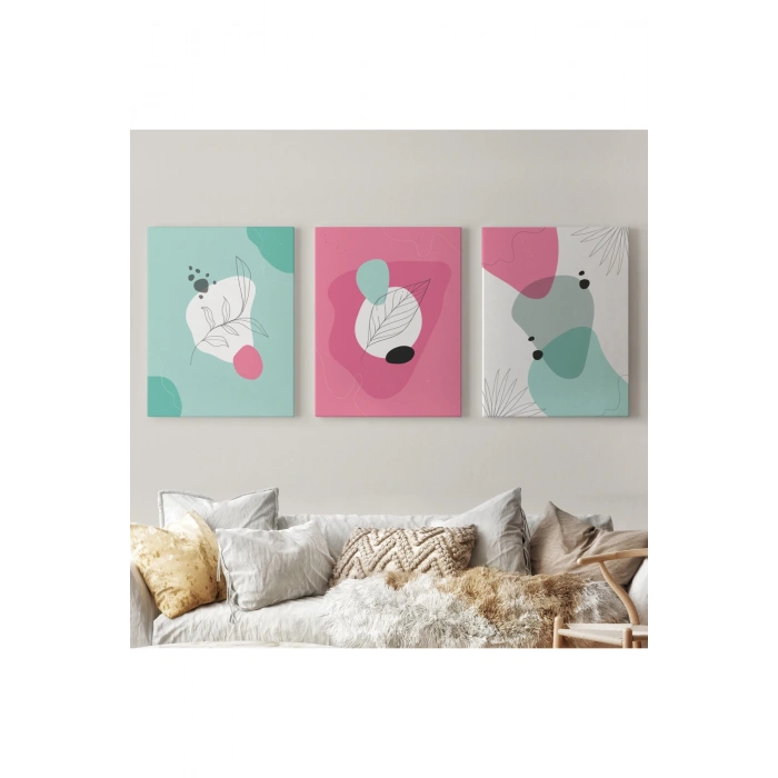 Yaprak Desenli Soyut Dekoratif Duvar Tablosu Üçlü Set-EL-111