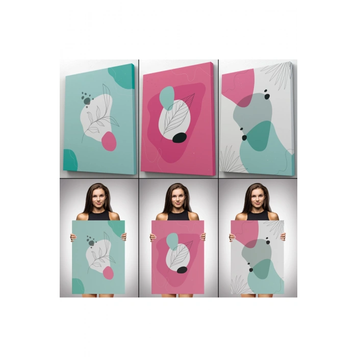 Yaprak Desenli Soyut Dekoratif Duvar Tablosu Üçlü Set-EL-111