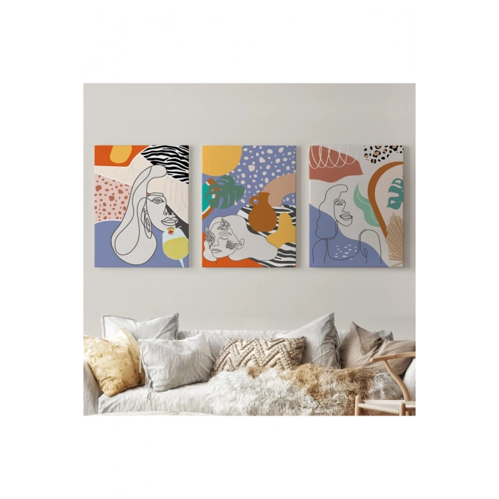 Zarif Kadın Fifürü ve Yapraklar Temalı Dekoratif Duvar Tablosu Üçlü Set-DU-98