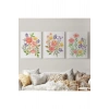 Renkli Çiçekler Suluboya Görünümlü Dekoratif Duvar Tablosu Üçlü Set-EI-108