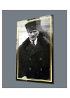 Gold Şerit Siyah Beyaz Pardesülü Atatürk Portresi Cam Tablo, Uv Baskılı ve Temperli, Hediyelik