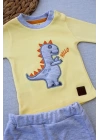 Minik Dino Nakışlı Şapkalı Uzun Kollu Sweat 3lü Kız-erkek Bebek Takımı Sarı