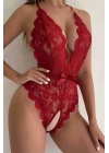 Özel Bölgesi Açık Dantelli Kırmızı Fantazi Babydoll TM1278