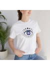 Unisex Ay Döngüleri ve Nazar Baskılı Beyaz Basic Tshirt