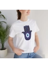 Unisex Lacivert Lotus Nazar Baskılı Beyaz Basic Tshirt