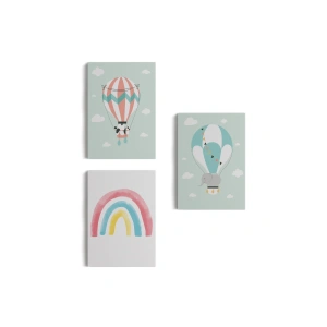 3’lü Tablo Balonla Uçan Sevimli Hayvanlar Temalı Dekoratif Duvar Tablo Seti-BP-41