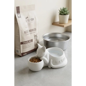 Beyaz Kedi Figürlü Mama Kabı Çift Hazneli 25 cm