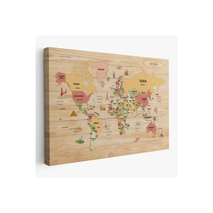 Ahşap Görünümlü Dünya Haritası Dekoratif Kanvas Tablo 2089