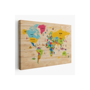 Ahşap Görünümlü Dünya Haritası Dekoratif Kanvas Tablo 2097