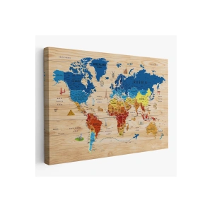 Ahşap Görünümlü Dünya Haritası Sembollü Eğitici Dekoratif Kanvas Tablo 2892