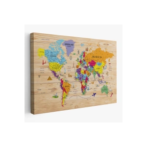 Ahşap Görünümlü Dünya Haritası Sembollü Eğitici ve Öğretici Dekoratif Kanvas Tablo 2904