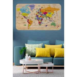 Ahşap Görünümlü Eğitici Detaylı Atlası Dünya Haritası Duvar Sticker -60x105-3842