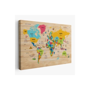 Ahşap Görünümlü Türkçe Dünya Haritası Dekoratif Kanvas Tablo 2096