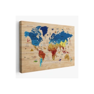 Ahşap Görünümlü Türkçe Dünya Haritası Sembollü Eğitici Dekoratif Kanvas Tablo 2891