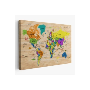 Ahşap Görünümlü Türkçe Dünya Haritası Sembollü Eğitici Dekoratif Kanvas Tablo 2903