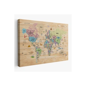 Ahşap Görünümlü Türkçe Dünya Haritası Sembollü Eğitici Kanvas Tablo 2929