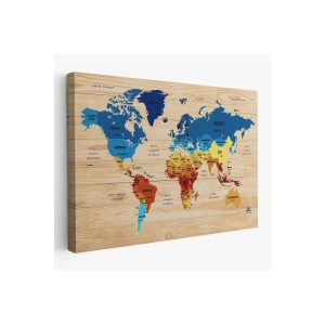 Ahşap Görünümlü Türkçe Dünya Haritası Ülke Başkentli Kanvas Tablo 1820