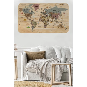 Ahşap Görünümlü Türkçe Eğitici Detaylı Atlası Dünya Haritası Duvar Sticker-60x105-3844