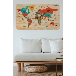 Ahşap Görünümlü Türkçe Eğitici Detaylı Atlası Dünya Haritası Duvar Sticker -60x105-3867