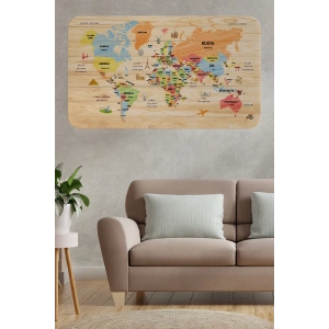 Ahşap Görünümlü Türkçe Eğitici Detaylı Atlası Dünya Haritası Duvar Sticker -60x105-3868