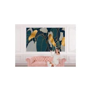 Altın Detaylı Tropical Yapraklar Desenli Duvar Kağıdı-5623