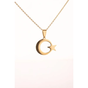 Altın Renk Ay Yıldız Çelik Kolye Kararmaz Paslanmaz Çelik Anlamlı ve Şık (Unisex)