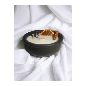 Bal-Tarçın Kokulu Aromaterapi Mum, Ahşap Fitilli, Dekoratif Doğal Çömlek Mum