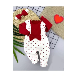 Bandanalı Fiyonk Detaylı Salopet Görünümlü Kalp Desenli 2li Kız Bebek Tulumu Kırmızı