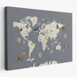 Çocuk Odası İçin Dekoratif Dünya Haritası Kanvas Duvar Tablosu-3698