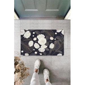 Dekoratif Dijital Çiçekler Arasında Tek Kuş Siyah Kapı Paspası Dış Mekan Paspas K-3109