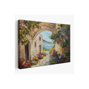 Deniz Yakınında Ev, Renkli Çiçekler, Deniz Manzaralı Kanvas Duvar Tablosu-1111