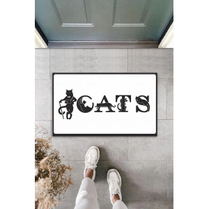 Dijital Baskı Beyaz Kedilerle Bezenmiş Cats Yazılı Dekoratif Kapı Paspası K-2028