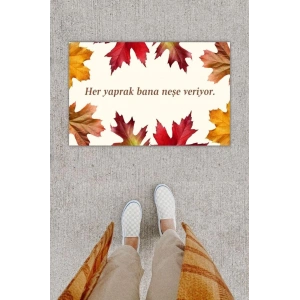 Dijital Baskı Dekoratif Kuru Yaprak Bej Kapı Önü Paspası K-1203