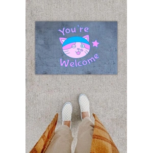 Dijital Baskı Dekoratif Welcome Kedili Antrasit Kapı Önü Paspası K-1292