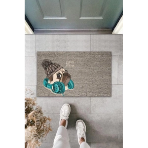 Dijital Baskı Gri Bereli Kulaklıklı Köpek Dekoratif Kapı Paspası K-2022