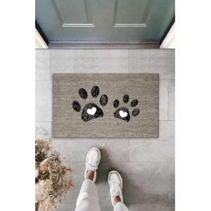 Dijital Baskı Gri Çift Kalpli Patili Dekoratif Kapı Paspası K-2031