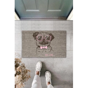 Dijital Baskı Gri Hug A Pug Yazılı Pembe Fiyonklu Gözlüklü Köpek Dekoratif Kapı Paspası K-2019