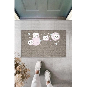 Dijital Baskı Gri Kalpli Pembeli Uykucu Kediler Dekoratif Kapı Paspası K-2068