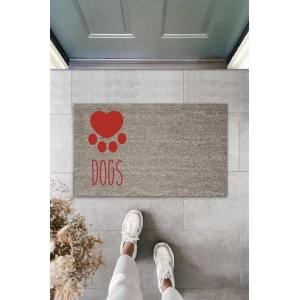 Dijital Baskı Gri Kırmızı Kalpli Dogs Dekoratif Kapı Paspası K-2073